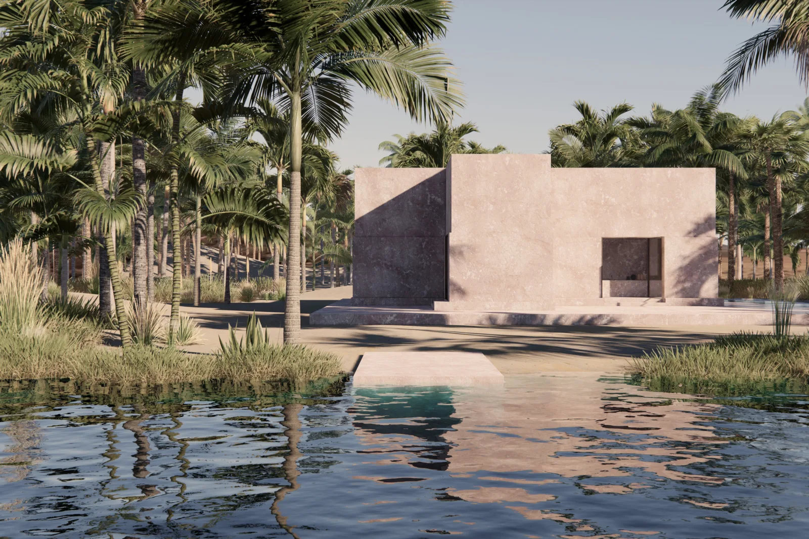 Exterior visualization of House in Luxor among palm trees beside the Nile