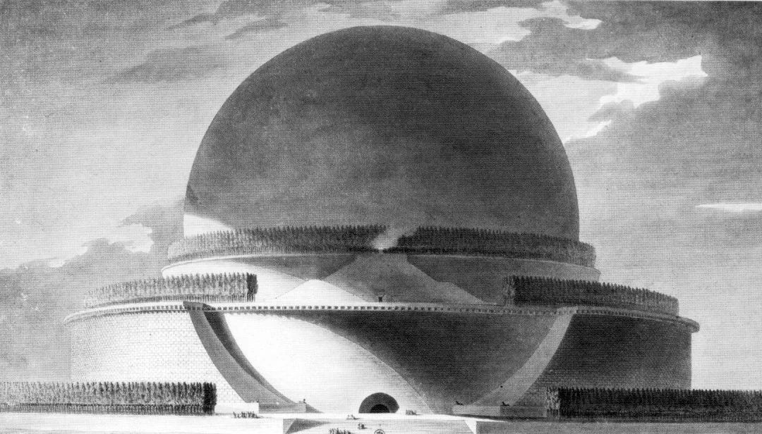 Historical drawing of Newton Cenotaph, with its monumental sphere and terraced base